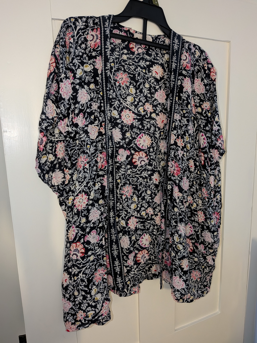 LOFT Black Floral Open-Front Kimono with Pink and Cream Accents